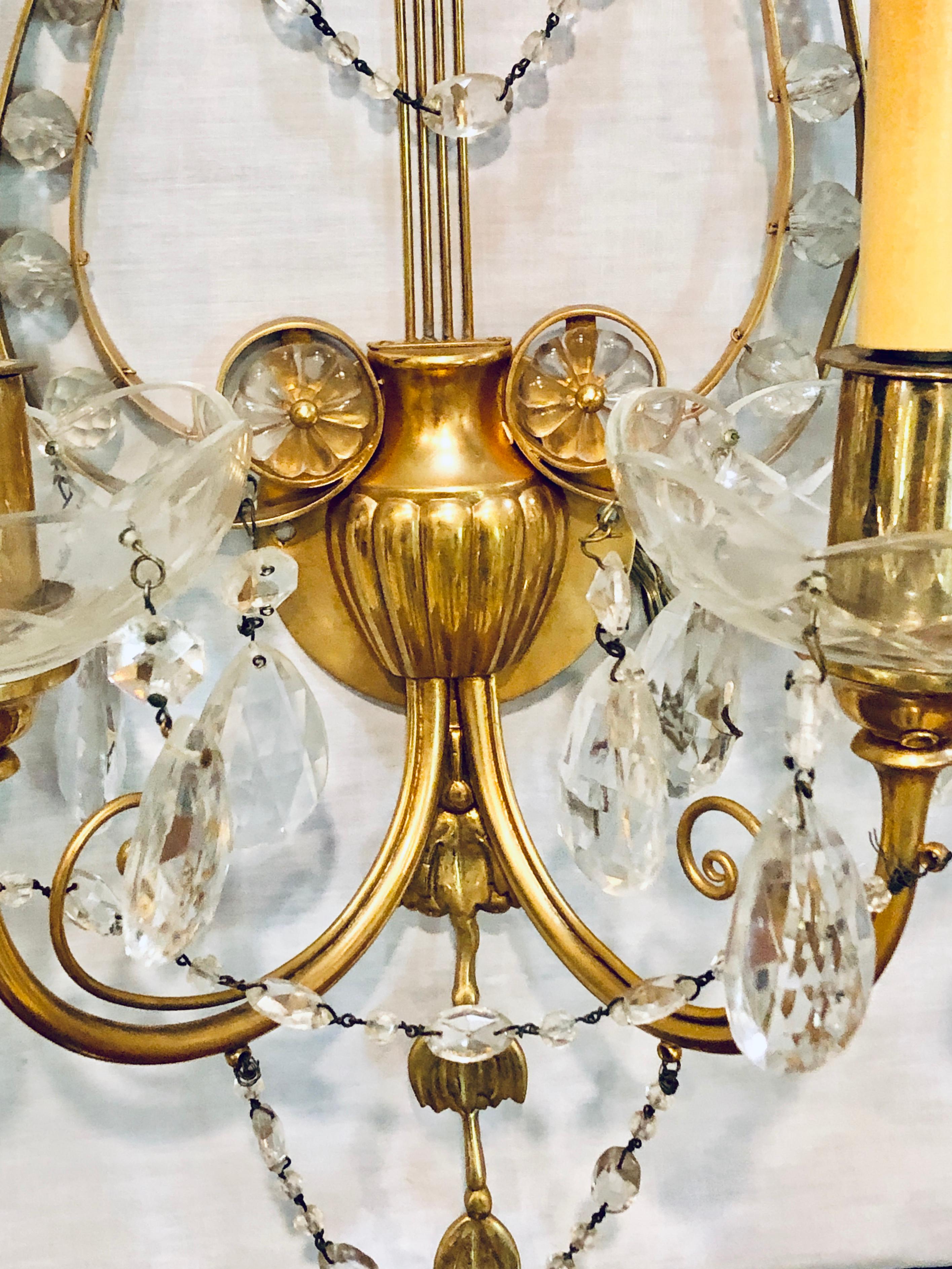 Pair of Bagues Louis XVI Style Lyre Back Crystal and Brass 2 Light Wall Sconces For Sale 2