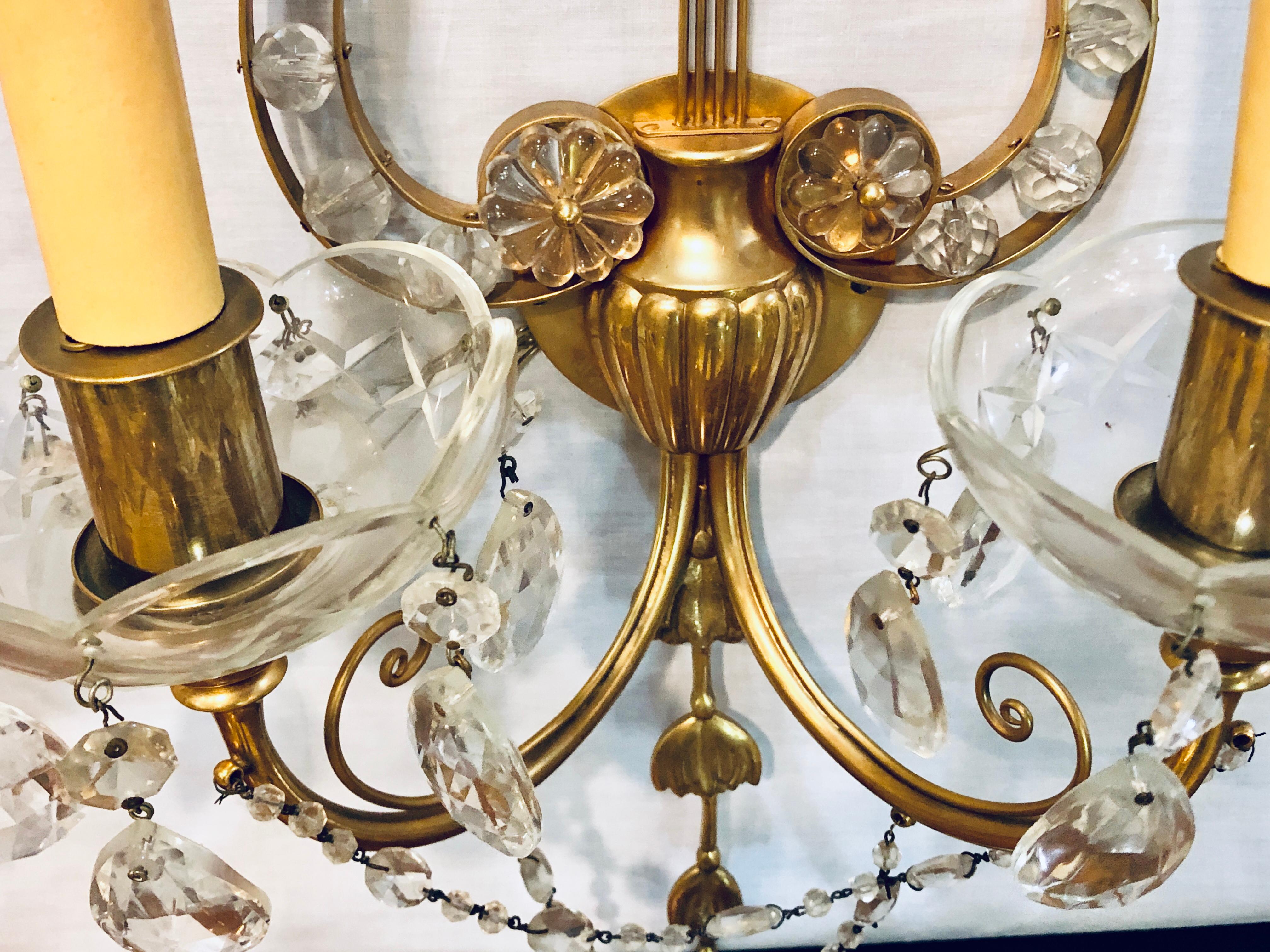 Pair of Bagues Louis XVI Style Lyre Back Crystal and Brass 2 Light Wall Sconces For Sale 3