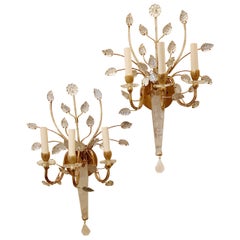 Pair of Baguès Rock Crystal Flower Leaf Spray Beaded Gold Gilt Sconces