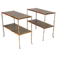 Pair of Bagues Style Brass Faux Bamboo and Leather Tables