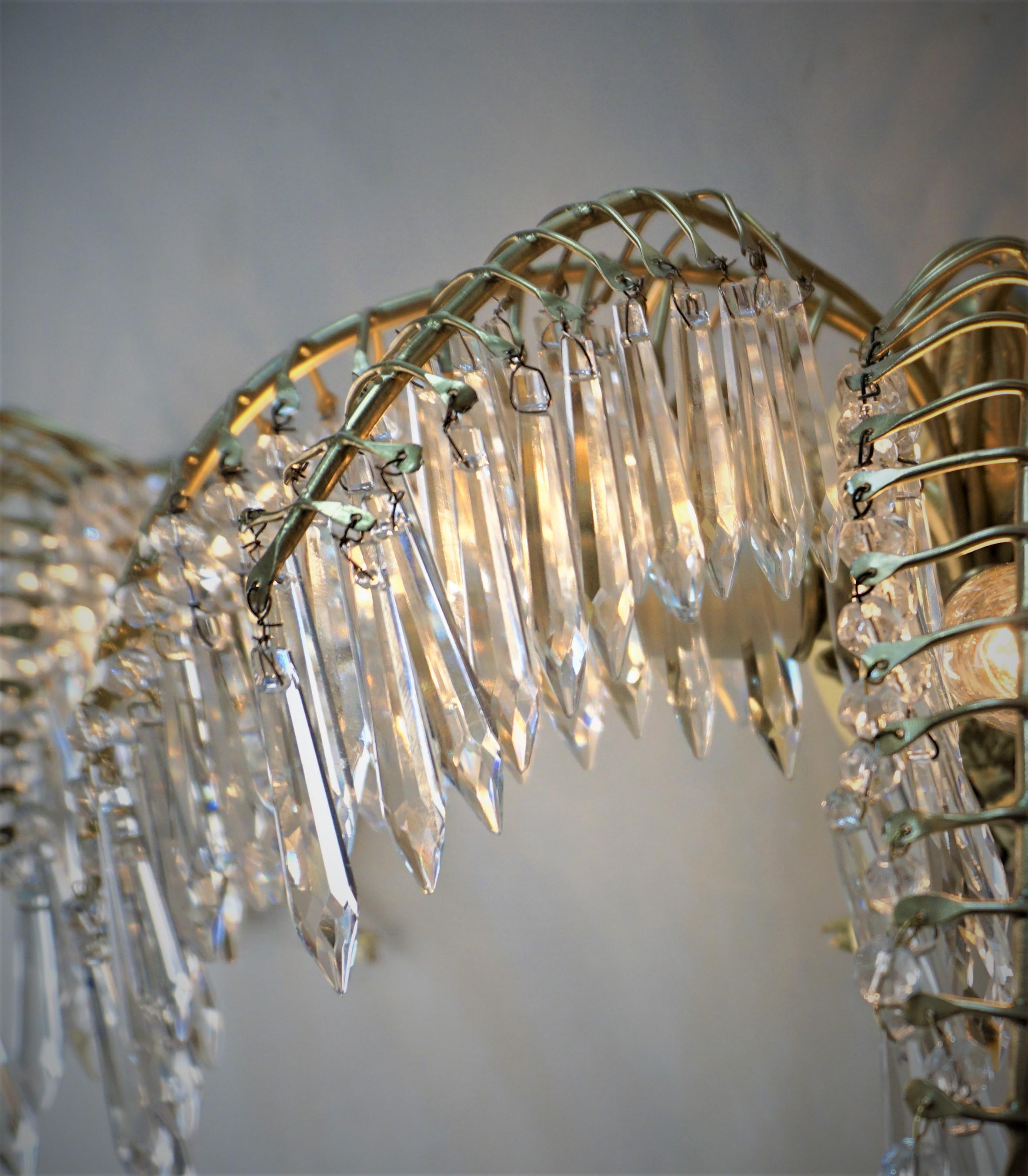 Mid-20th Century Pair of Bagues Style Bronze and Crystal Wall Sconces For Sale