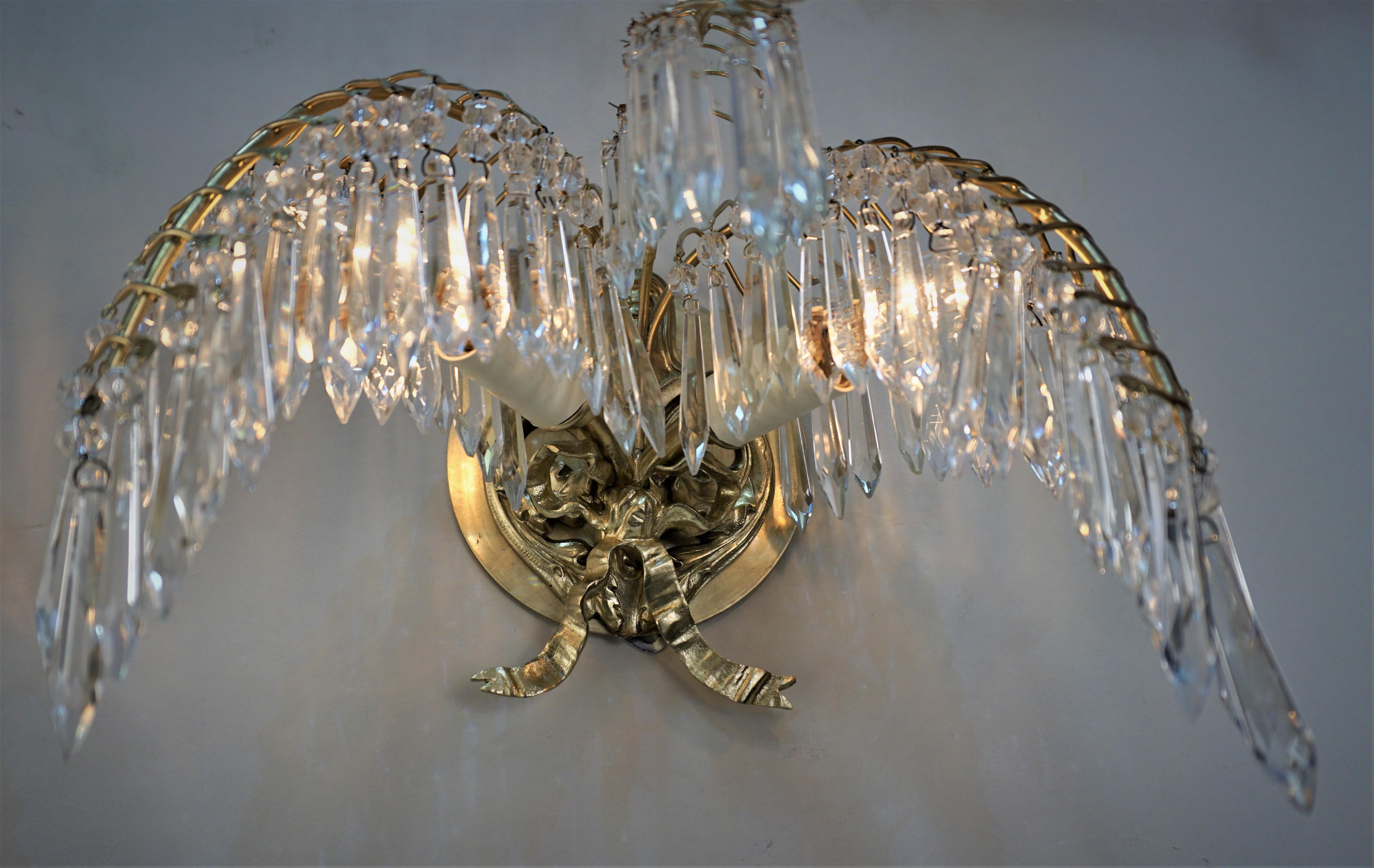 Pair of Bagues Style Bronze and Crystal Wall Sconces For Sale 2