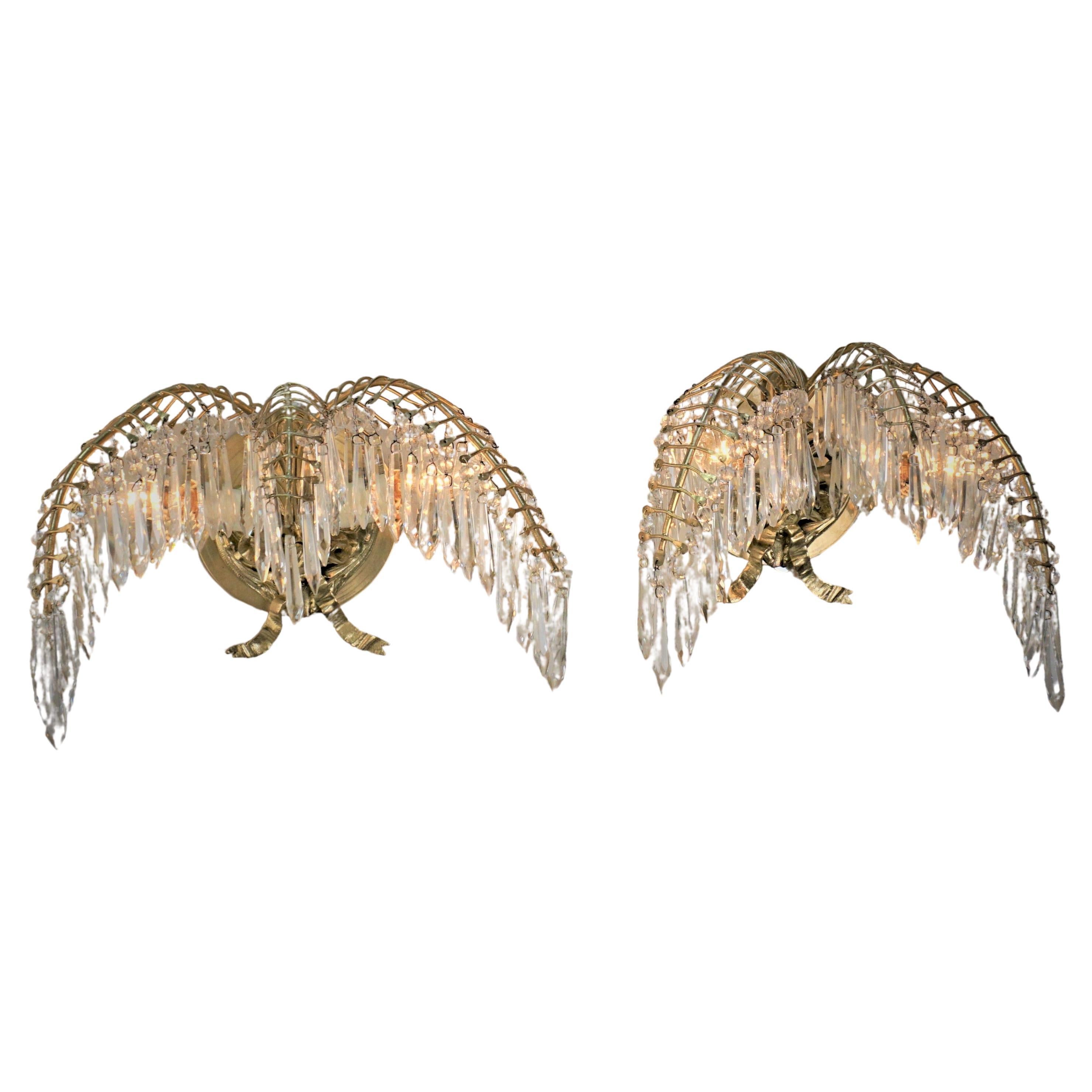 Pair of Bagues Style Bronze and Crystal Wall Sconces For Sale