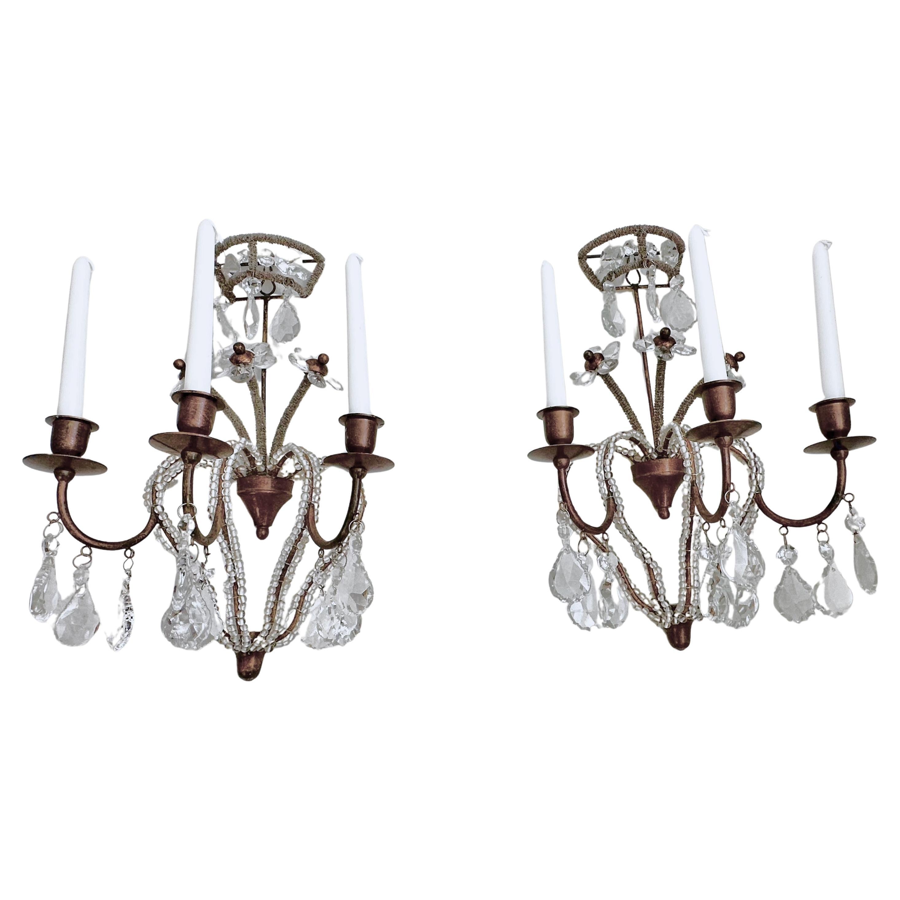 Pair of Bagues Style Crystal Beaded Candle Wall Sconces en vente