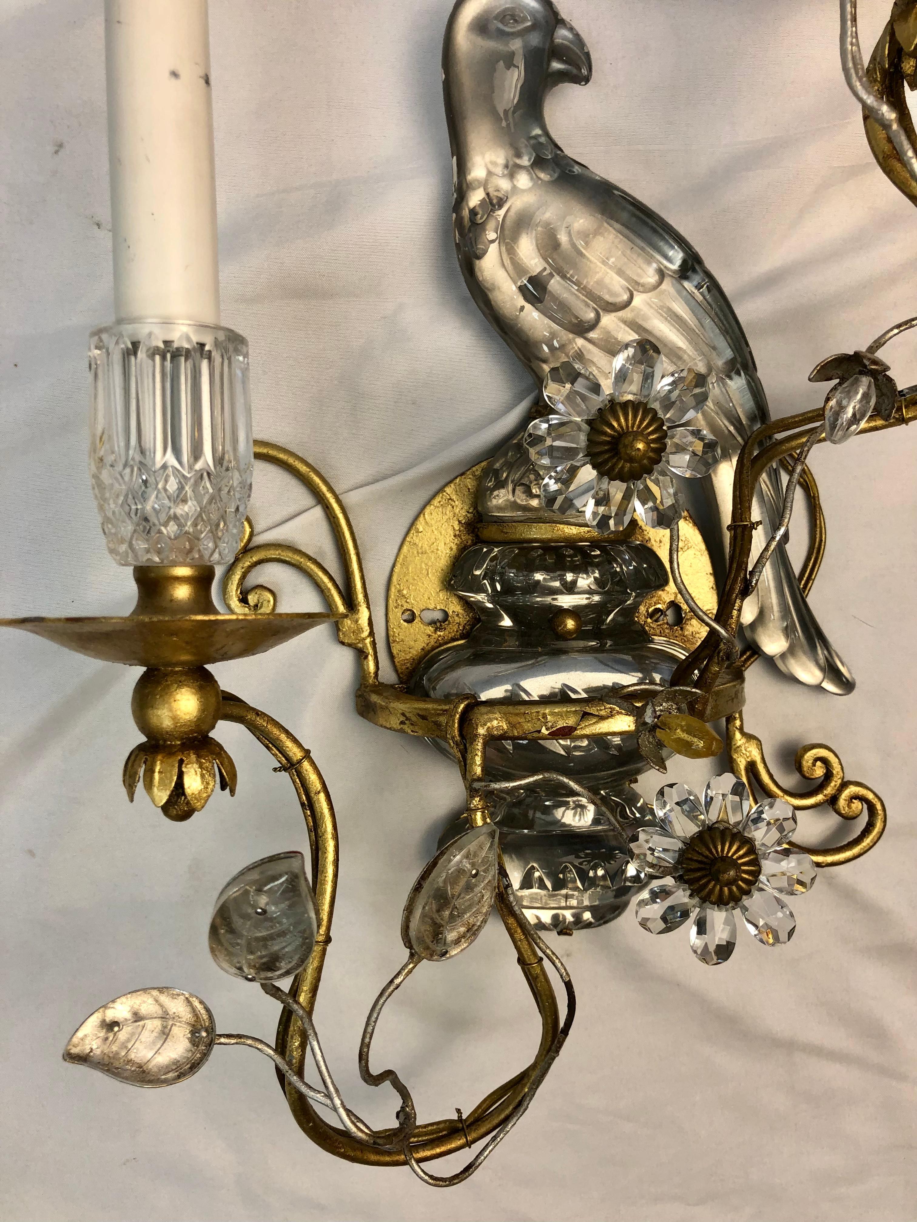 Mid-Century Modern Pair of Bagues Style Crystal Bird Form Sconces
