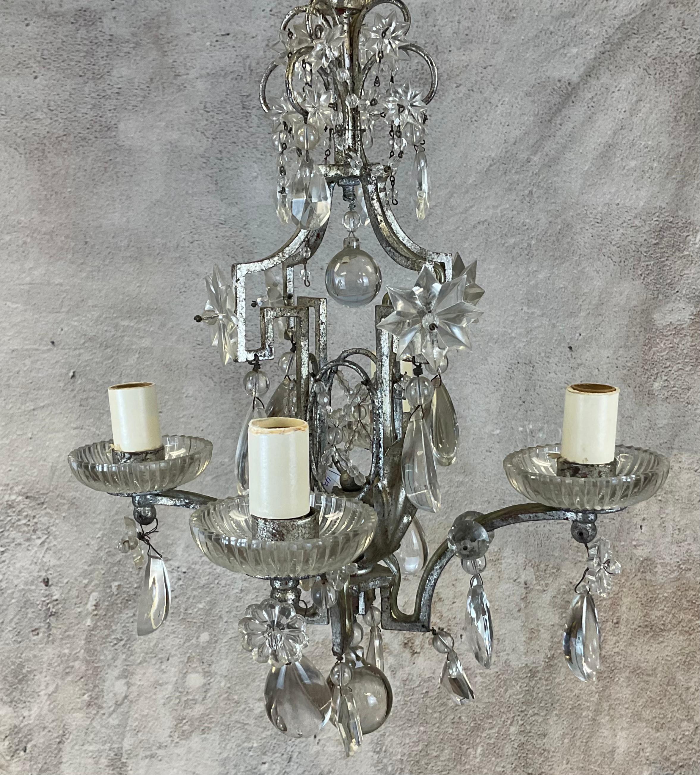 Pair of Baguès Style Crystal & Silvered Gilt Iron Four-Light Chandeliers For Sale 4