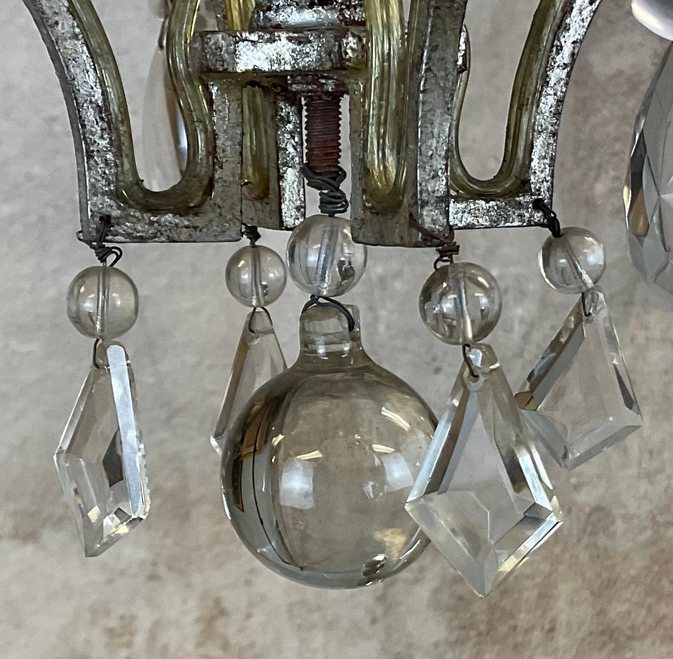 Pair of Baguès Style Crystal & Silvered Gilt Iron Four-Light Chandeliers For Sale 5