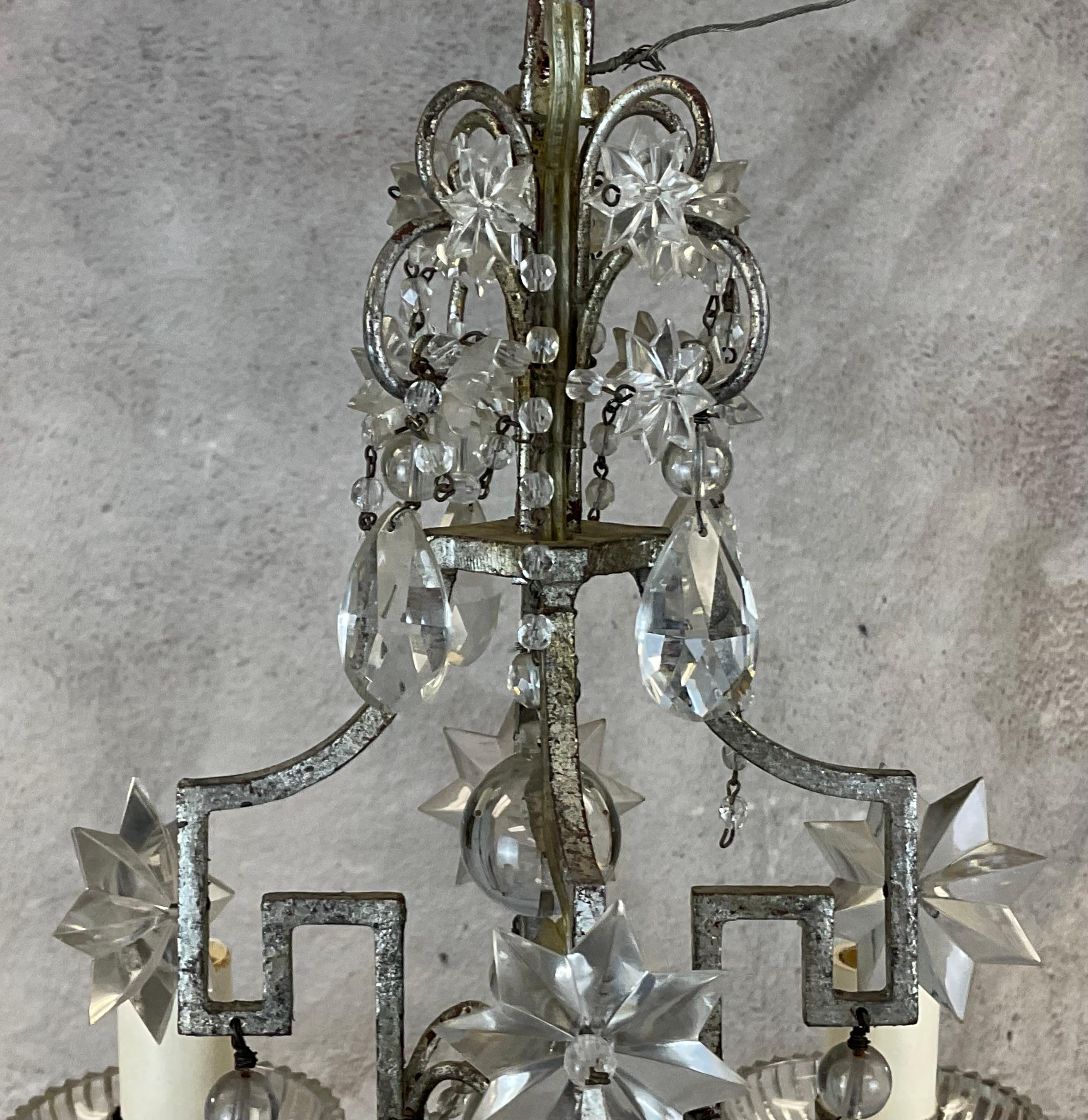 Pair of Baguès Style Crystal & Silvered Gilt Iron Four-Light Chandeliers For Sale 6