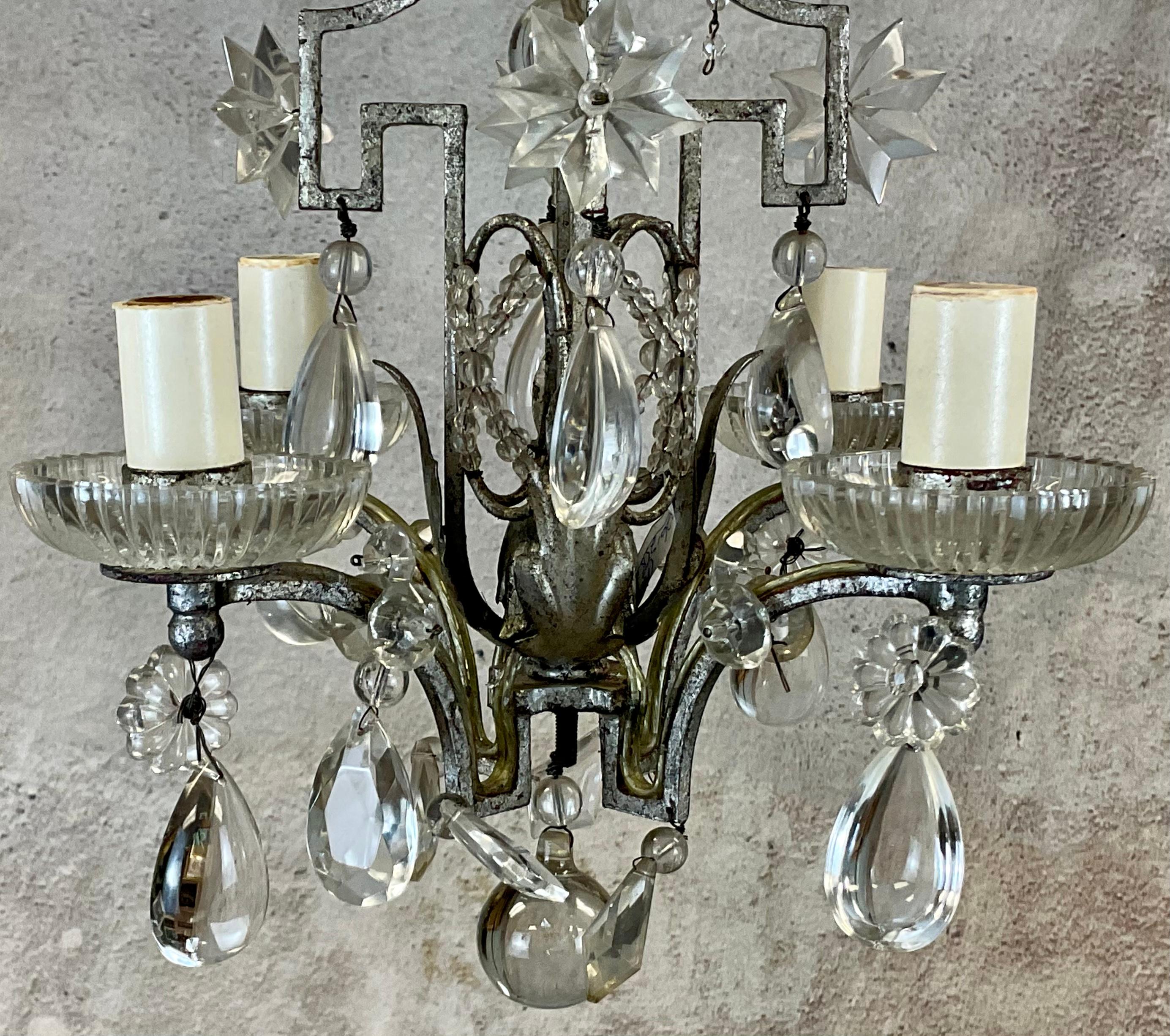 Pair of Baguès Style Crystal & Silvered Gilt Iron Four-Light Chandeliers For Sale 8
