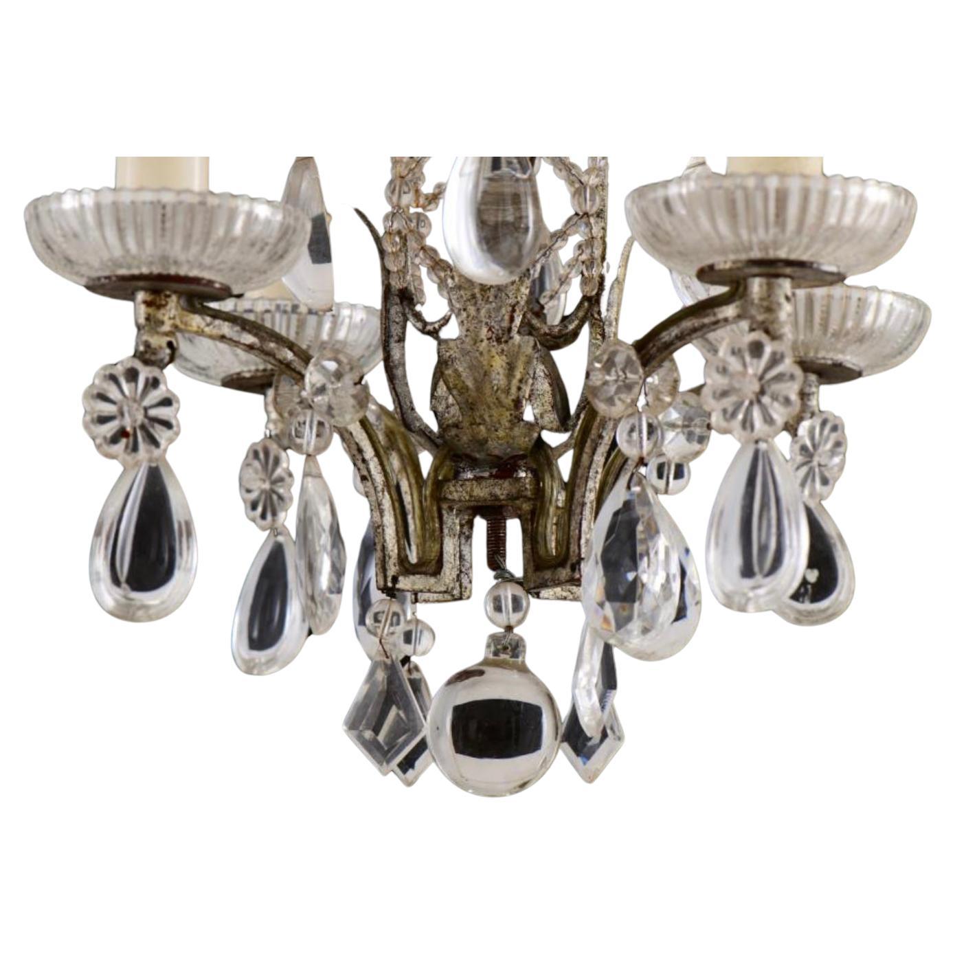 Neoclassical Pair of Baguès Style Crystal & Silvered Gilt Iron Four-Light Chandeliers For Sale