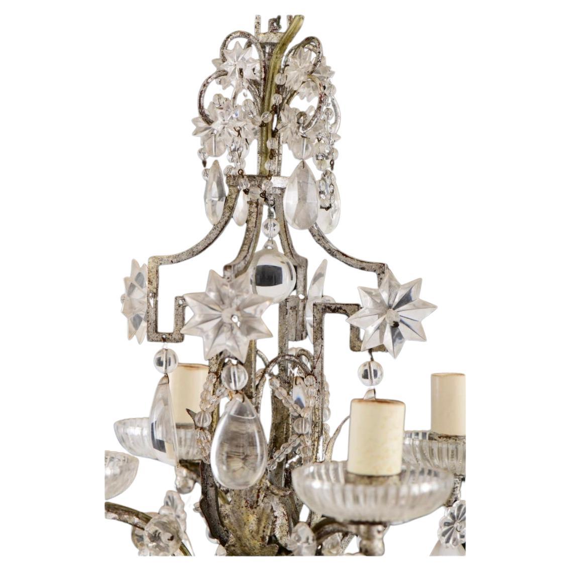French Pair of Baguès Style Crystal & Silvered Gilt Iron Four-Light Chandeliers For Sale