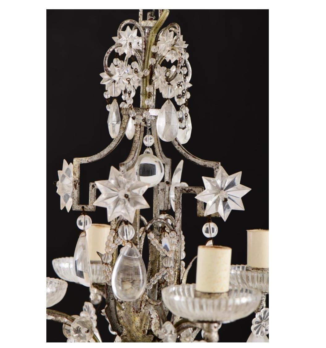Pair of Baguès Style Crystal & Silvered Gilt Iron Four-Light Chandeliers In Good Condition For Sale In Bradenton, FL