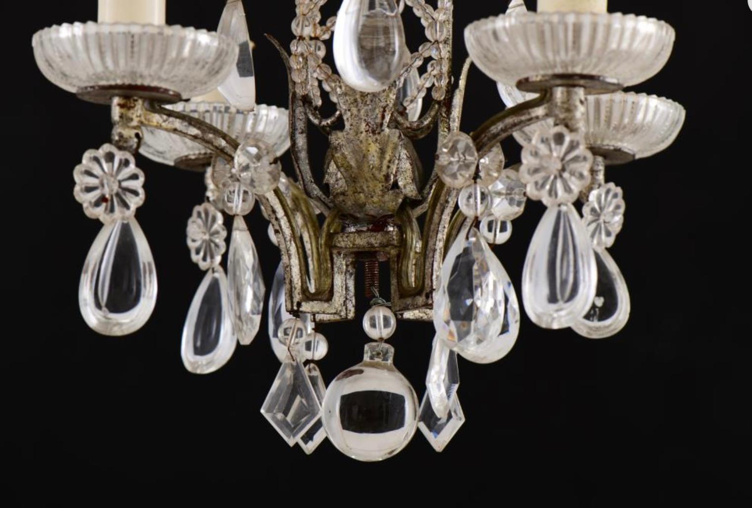 20th Century Pair of Baguès Style Crystal & Silvered Gilt Iron Four-Light Chandeliers For Sale