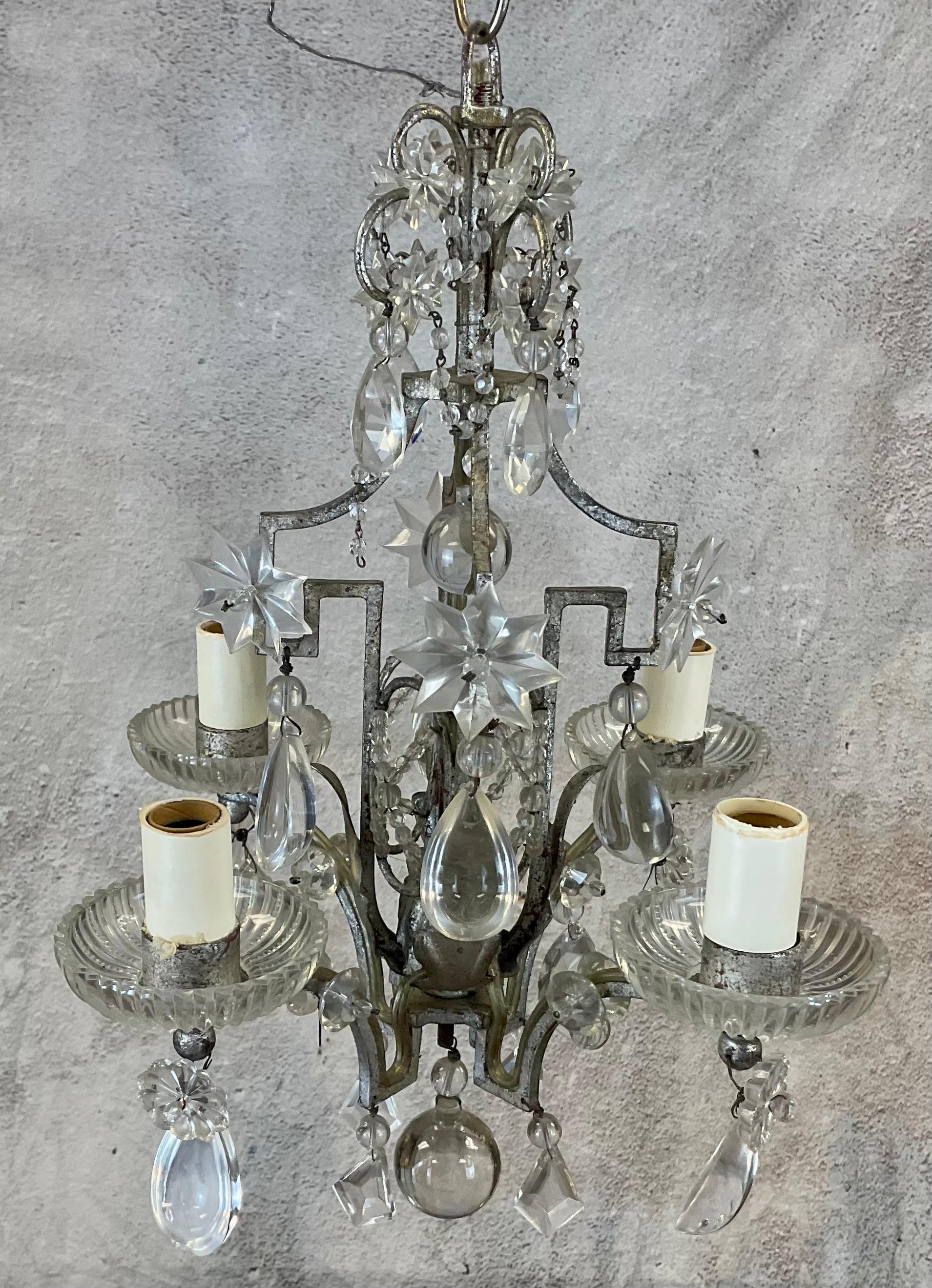 Pair of Baguès Style Crystal & Silvered Gilt Iron Four-Light Chandeliers For Sale 1
