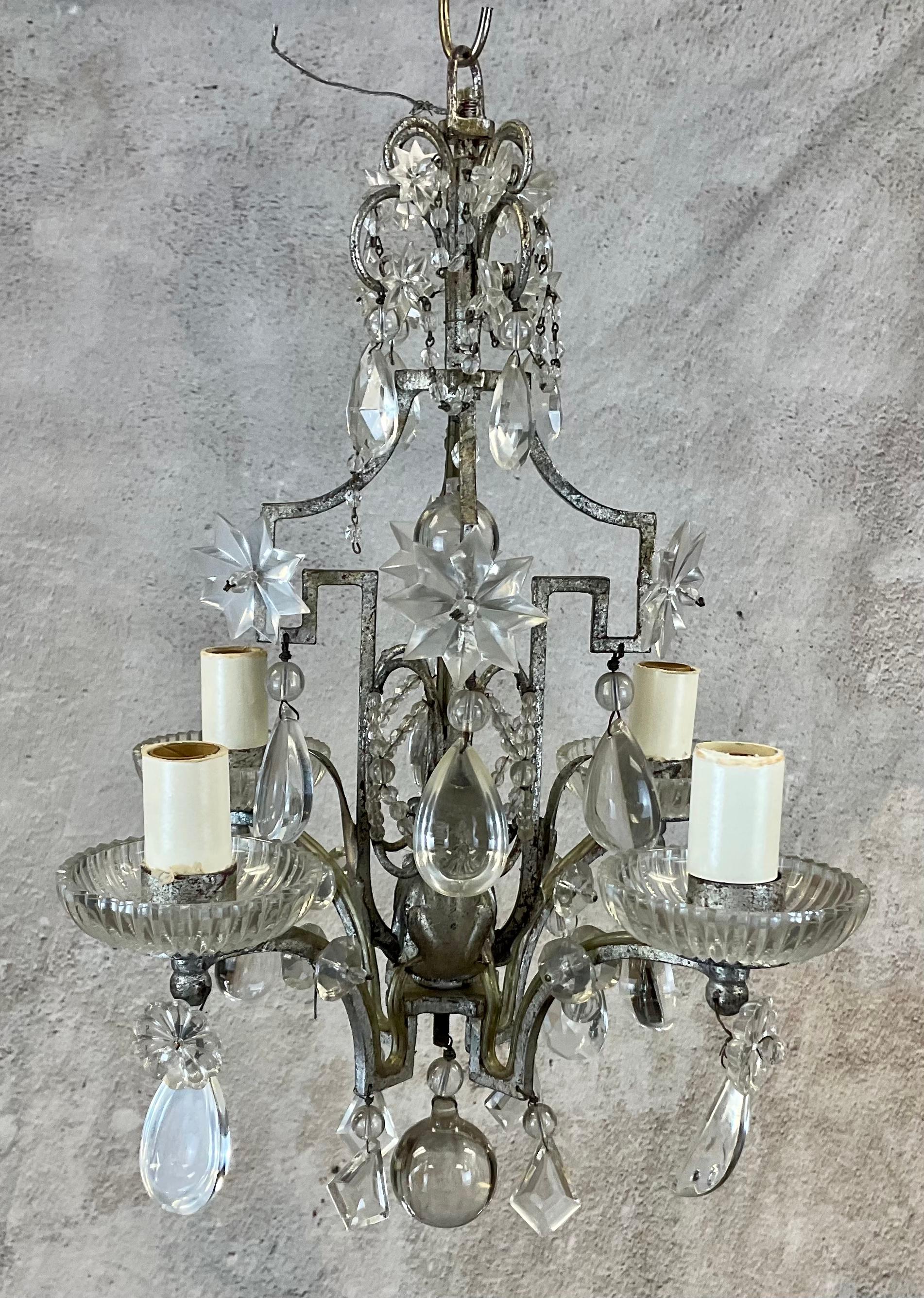 Pair of Baguès Style Crystal & Silvered Gilt Iron Four-Light Chandeliers For Sale 2