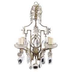 Pair of Baguès Style Crystal & Silvered Gilt Iron Four-Light Chandeliers