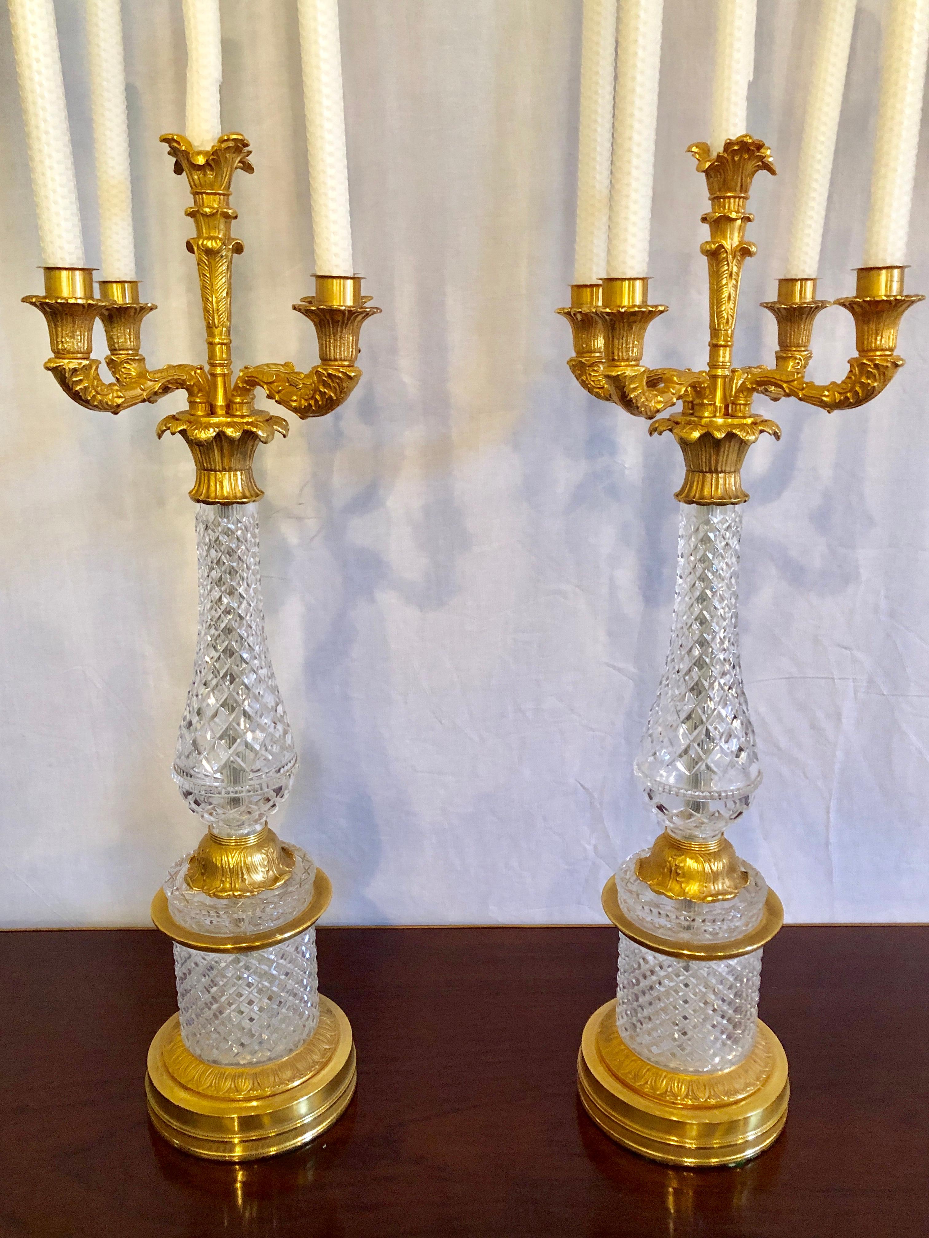 Hollywood Regency Pair of Baguès Style Cut Crystal and Gilt Brass Table Candelabras or Lamps For Sale