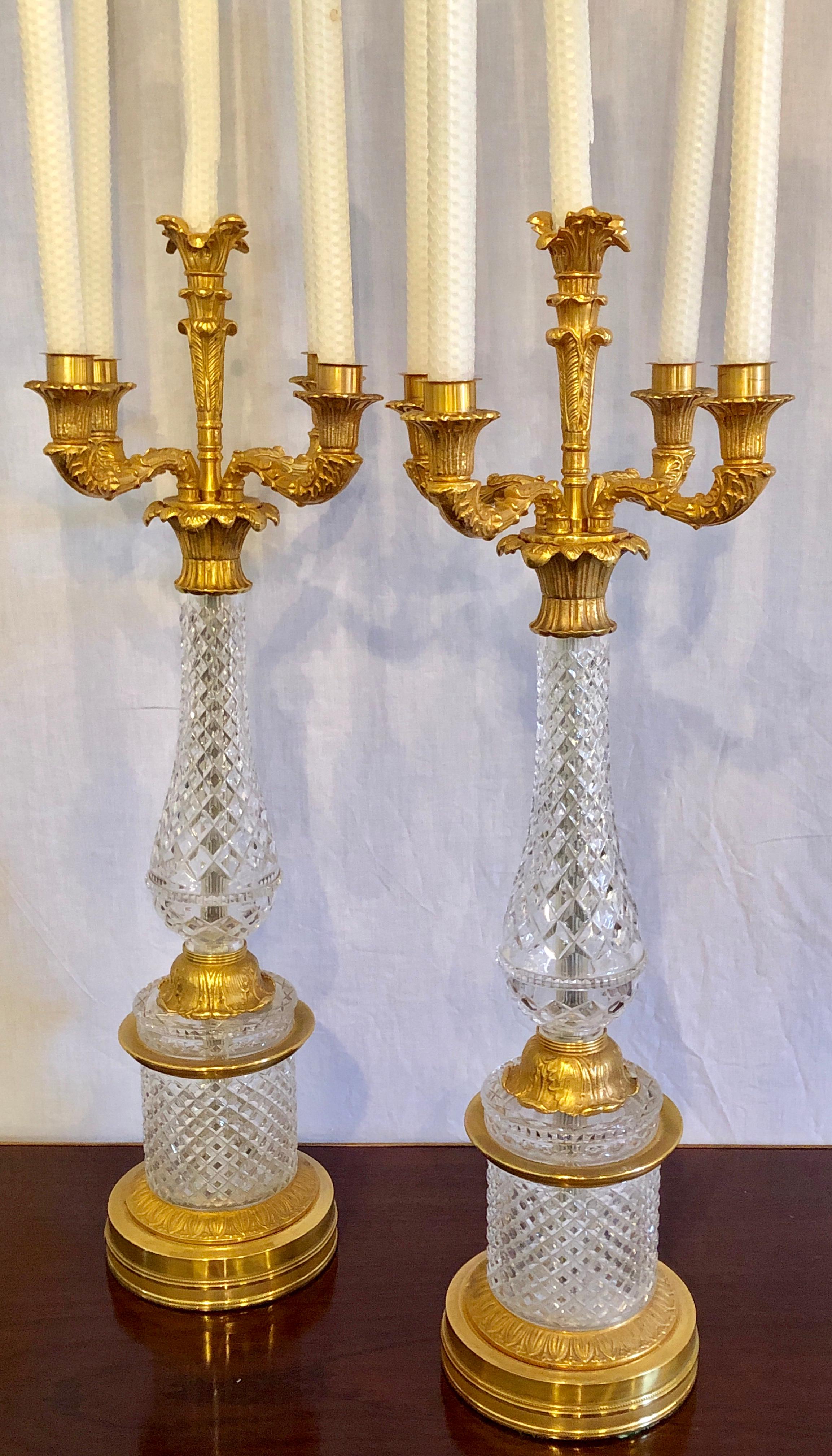 French Pair of Baguès Style Cut Crystal and Gilt Brass Table Candelabras or Lamps For Sale