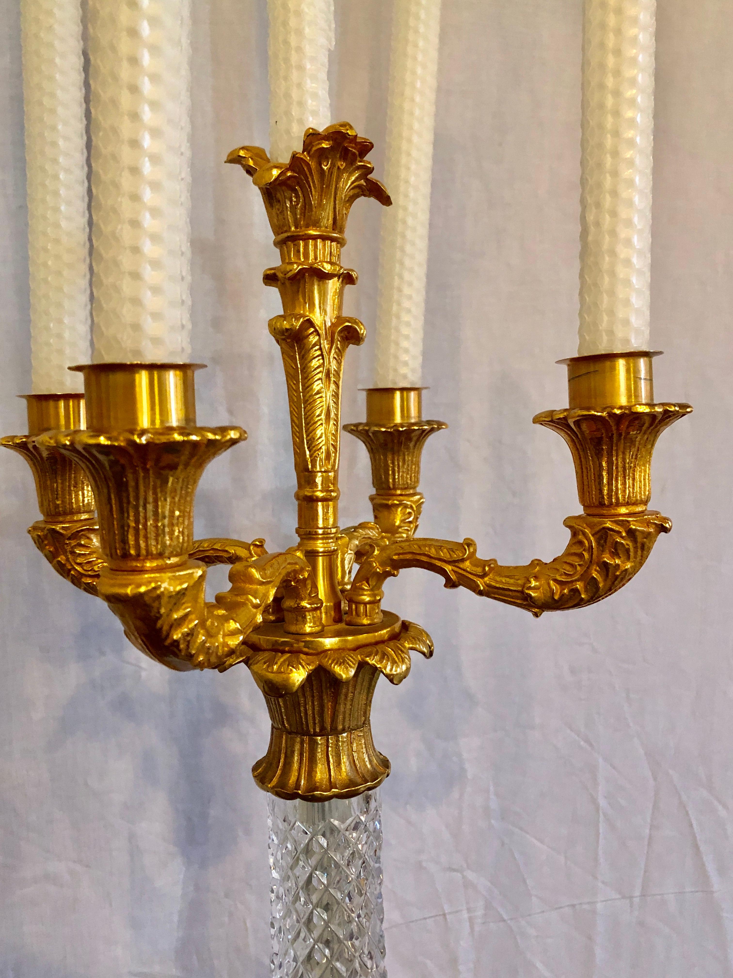 Pair of Baguès Style Cut Crystal and Gilt Brass Table Candelabras or Lamps In Good Condition For Sale In Stamford, CT