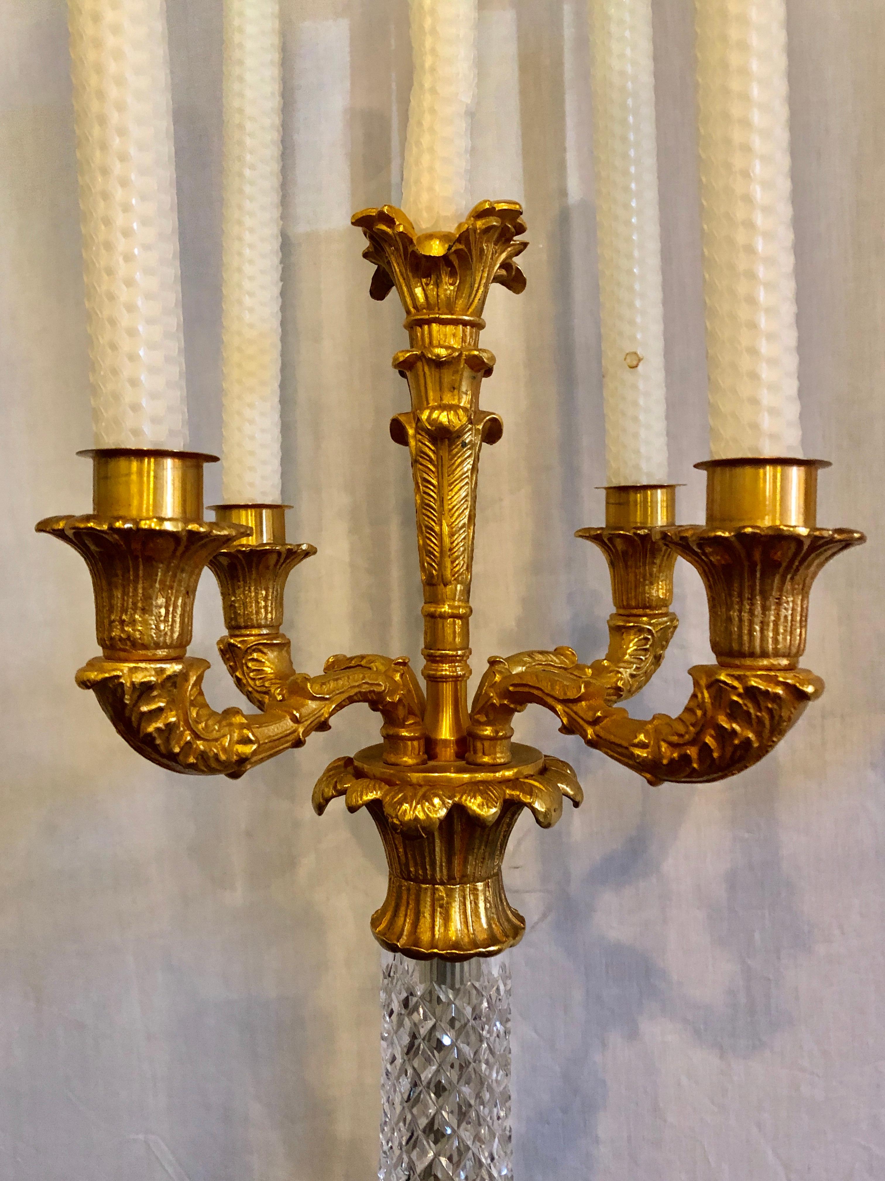 20th Century Pair of Baguès Style Cut Crystal and Gilt Brass Table Candelabras or Lamps For Sale