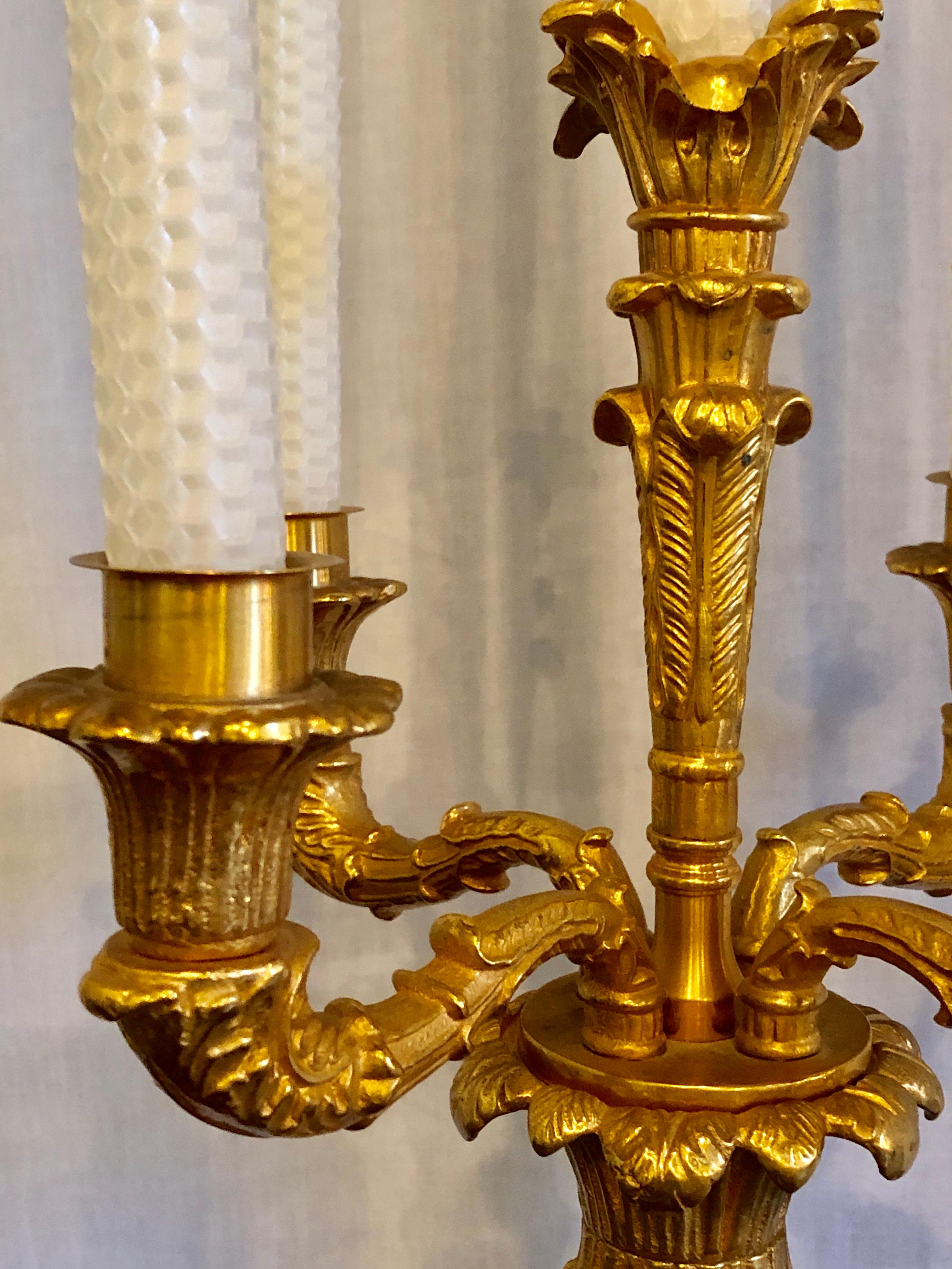 Cut Glass Pair of Baguès Style Cut Crystal and Gilt Brass Table Candelabras or Lamps For Sale