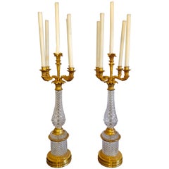 Retro Pair of Baguès Style Cut Crystal and Gilt Brass Table Candelabras or Lamps