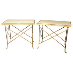Pair of Baguès Style End or Center Tables, Marble and Glass Top Bronze X Form