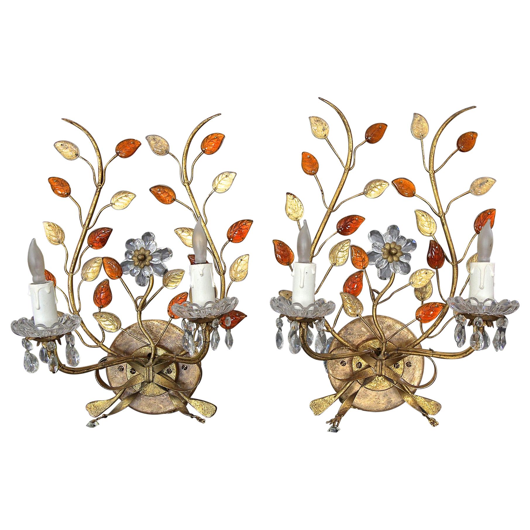 Pair of Baguès Style Floral Gilt Metal Wall Sconces