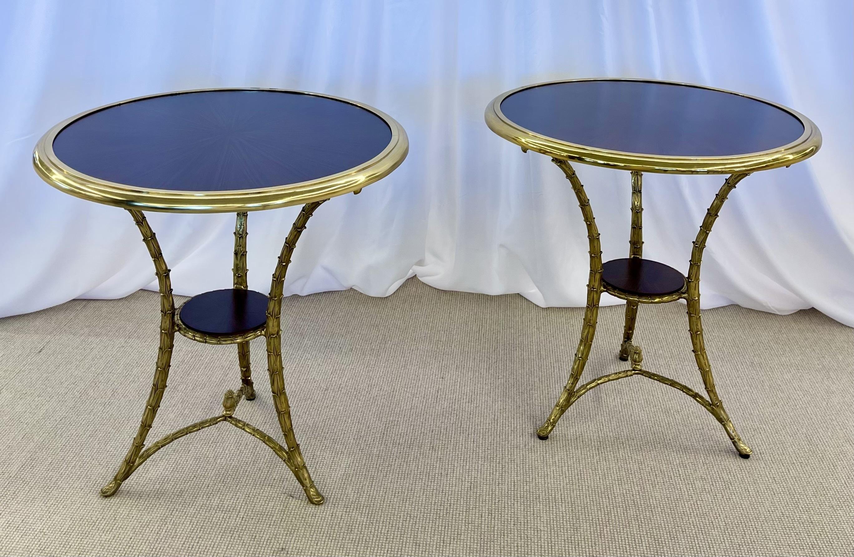 Mid-Century Modern Pair of Bagues Style Gueridon Tables with Bronze Framed Rosewood Tops France