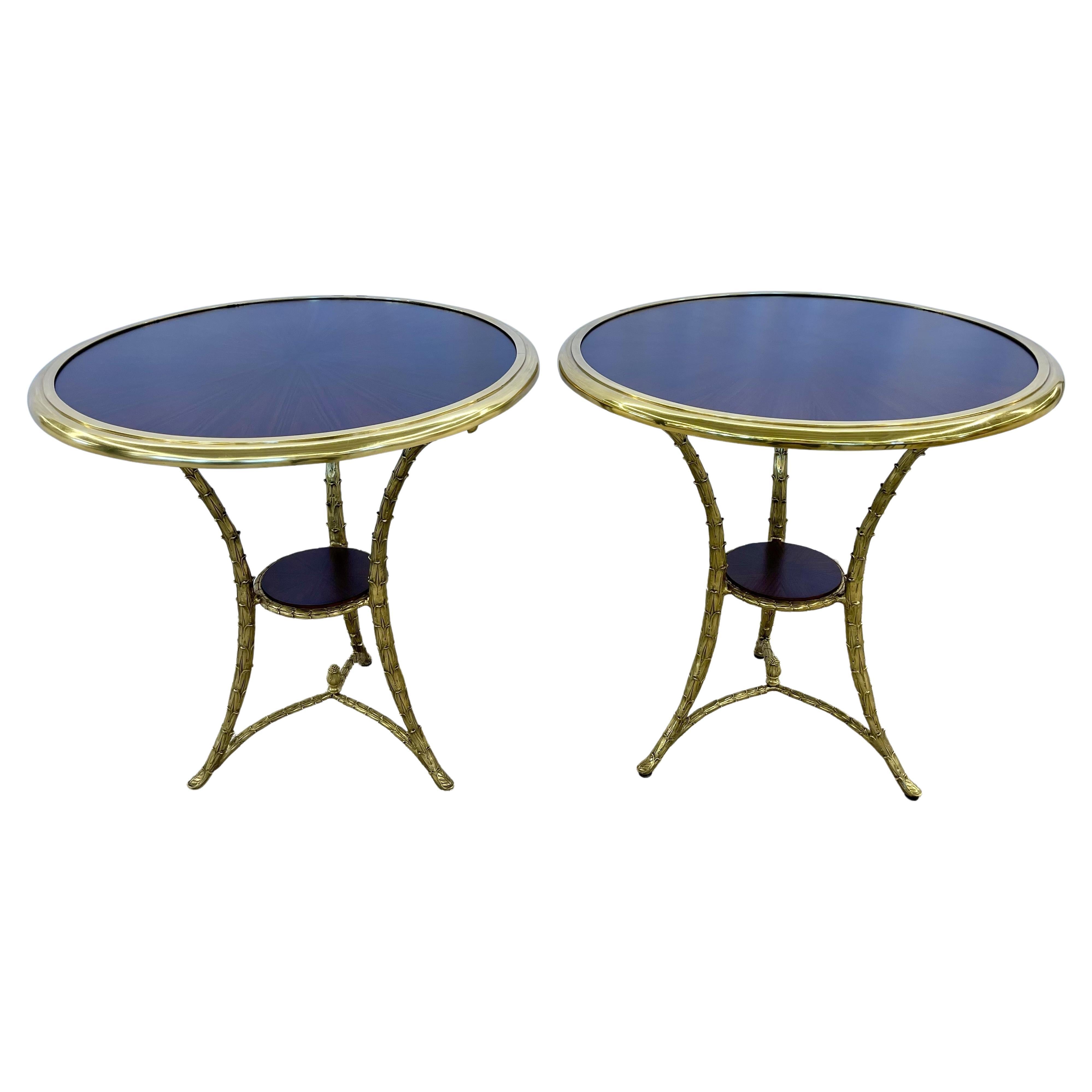 Pair of Bagues Style Gueridon Tables with Bronze Framed Rosewood Tops France
