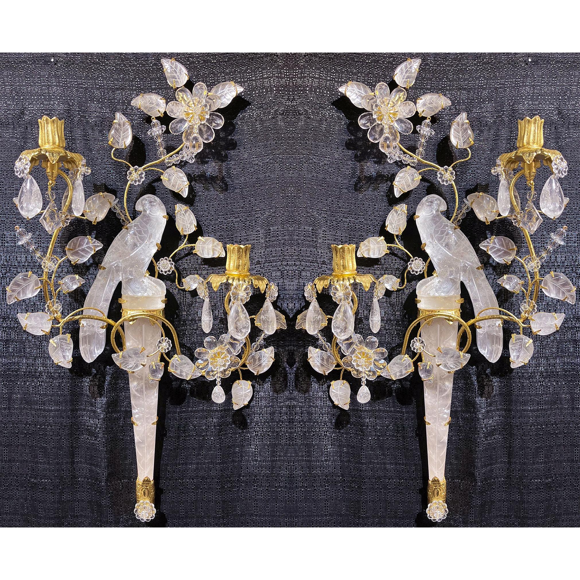 North American Pair of Baguès-style Parakeet Gilt Bronze Carved in Rock Crystal Wall Sconces