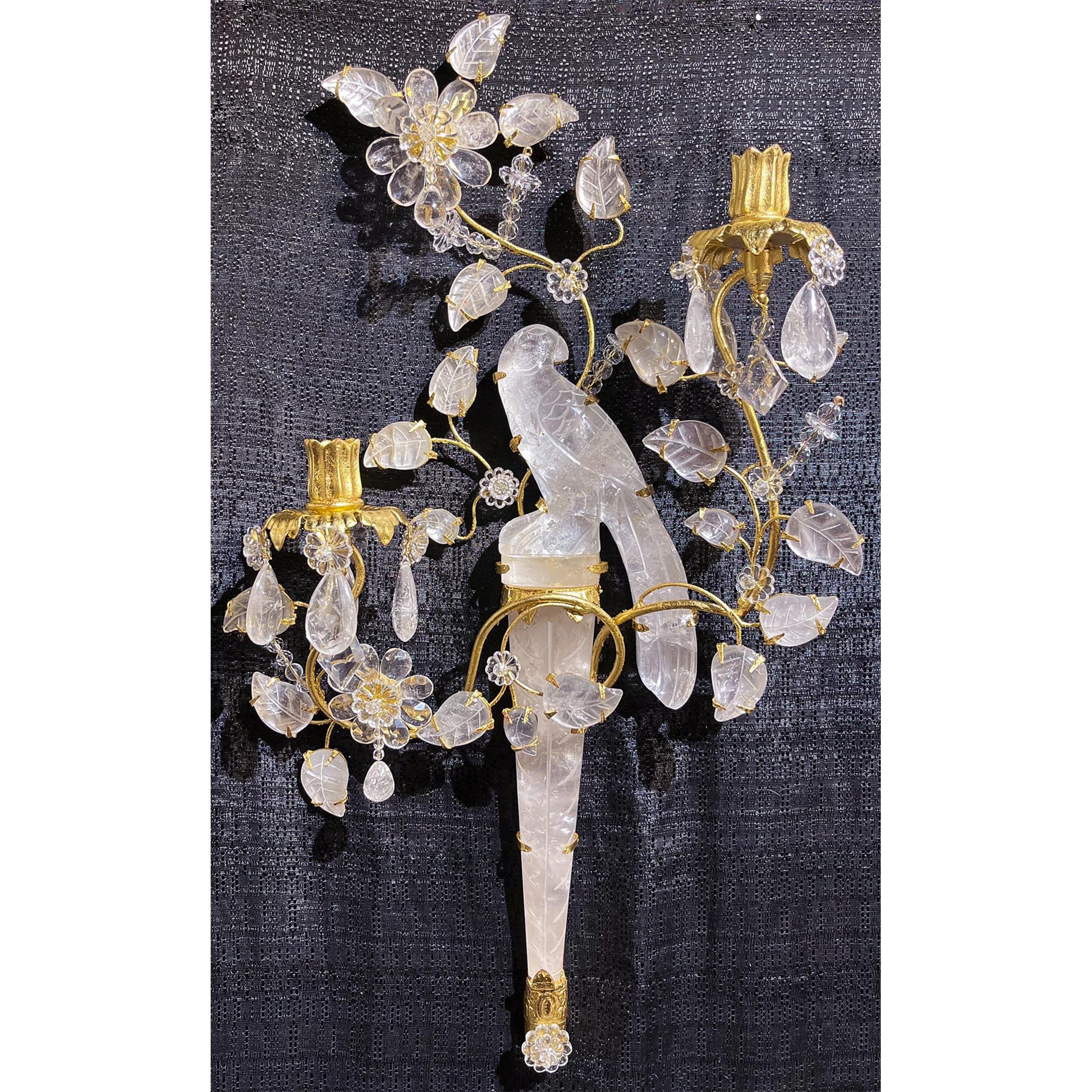 20th Century Pair of Baguès-style Parakeet Gilt Bronze Carved in Rock Crystal Wall Sconces