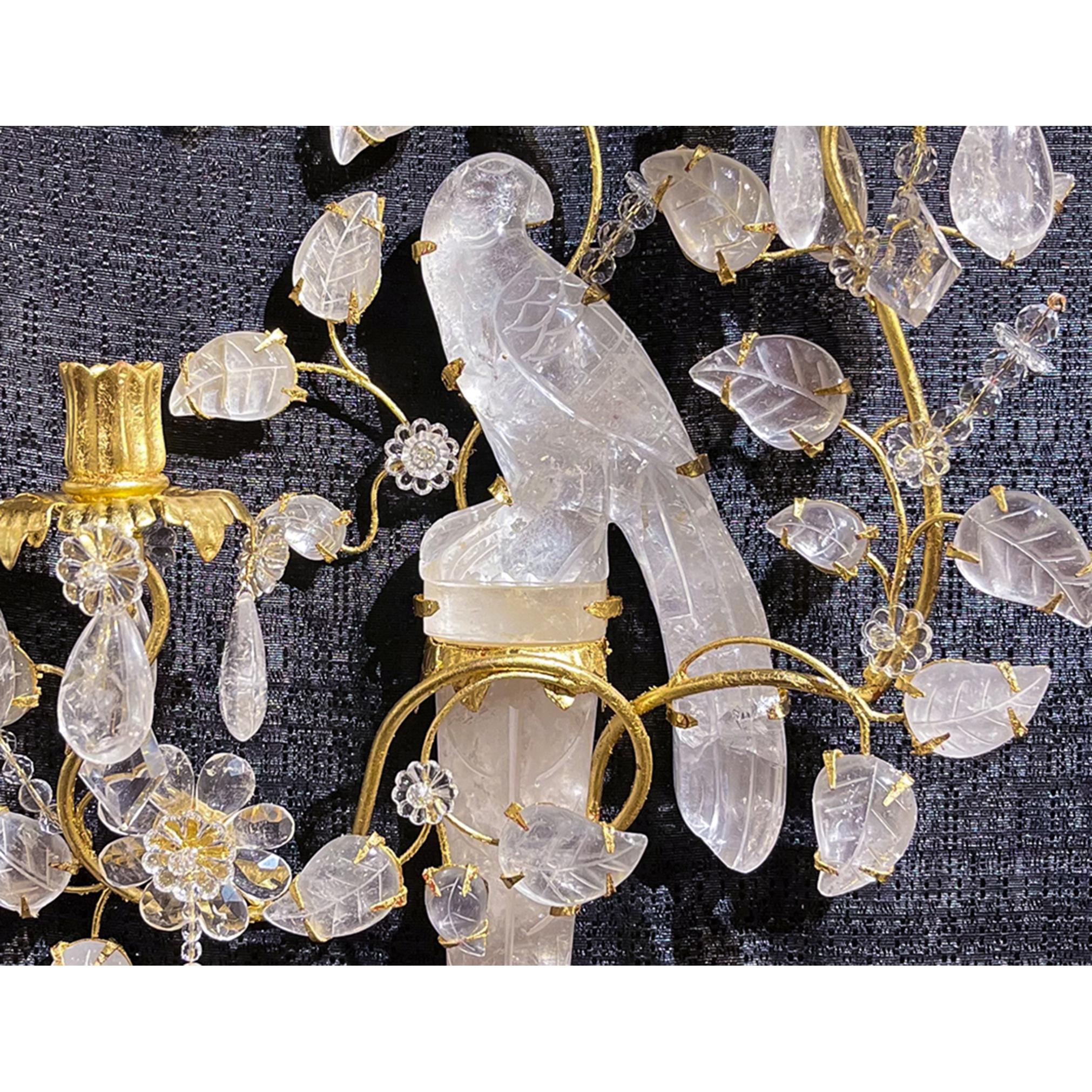 Pair of Baguès-style Parakeet Gilt Bronze Carved in Rock Crystal Wall Sconces 1
