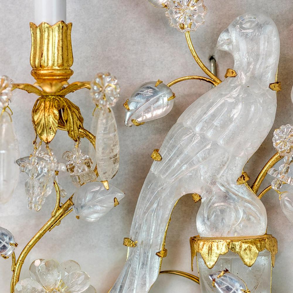 Pair of Baguès-style Parakeet Gilt Bronze Carved in Rock Crystal Wall Sconces 2