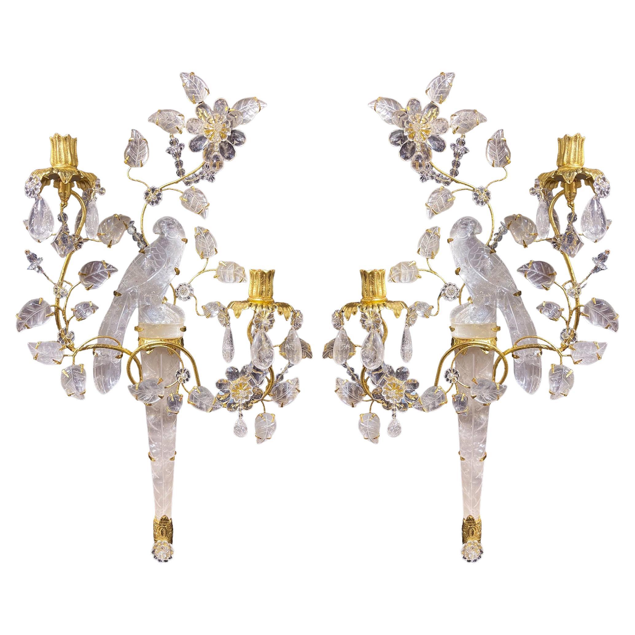Pair of Baguès-style Parakeet Gilt Bronze Carved in Rock Crystal Wall Sconces