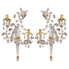 Pair of Baguès-style Parakeet Gilt Bronze Carved in Rock Crystal Wall Sconces
