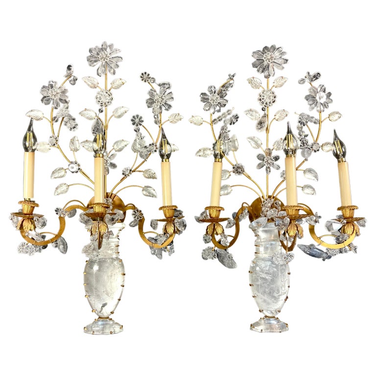 Scone Style Rocks Pair of Bagues Style Rock Crystal 3 Light Wall Sconces For Sale at 1stDibs