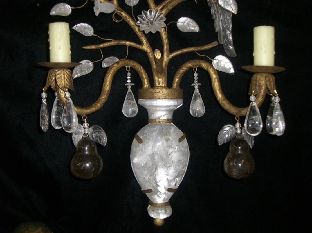French Pair of Baguès Style Rock Crystal Sconces with Birds For Sale