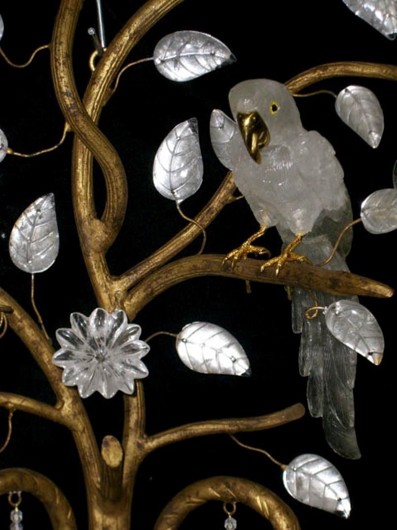 20th Century Pair of Baguès Style Rock Crystal Sconces with Birds For Sale