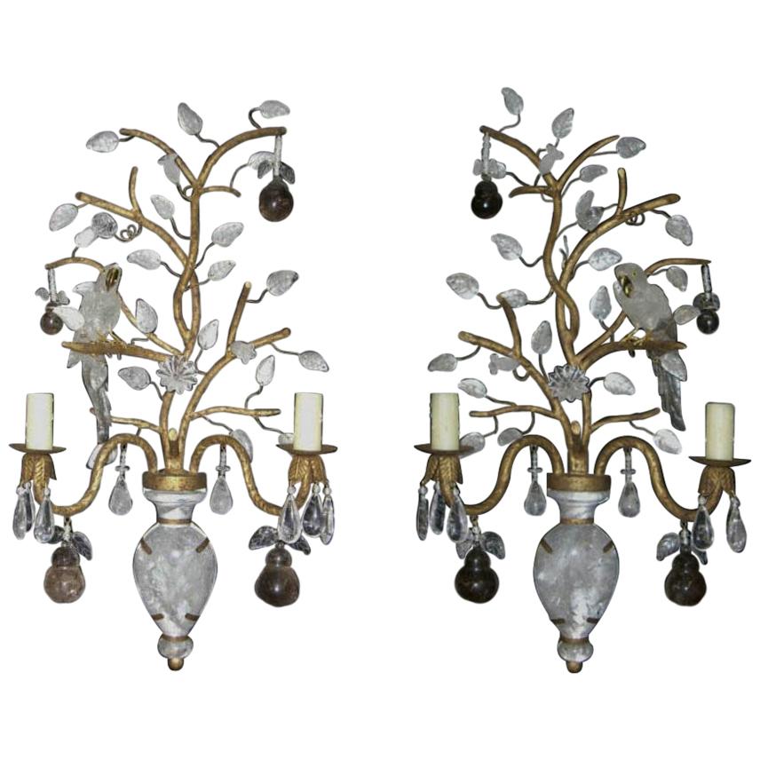 Pair of Baguès Style Rock Crystal Sconces with Birds