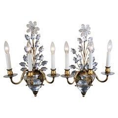 Pair of Baguès Three Light Crystal and Gilt Metal Wall Sconces