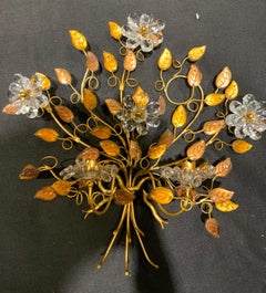 Pair of Bagues Wall Sconces, Two Candle with Gold Hue and Clear Foliate Designs