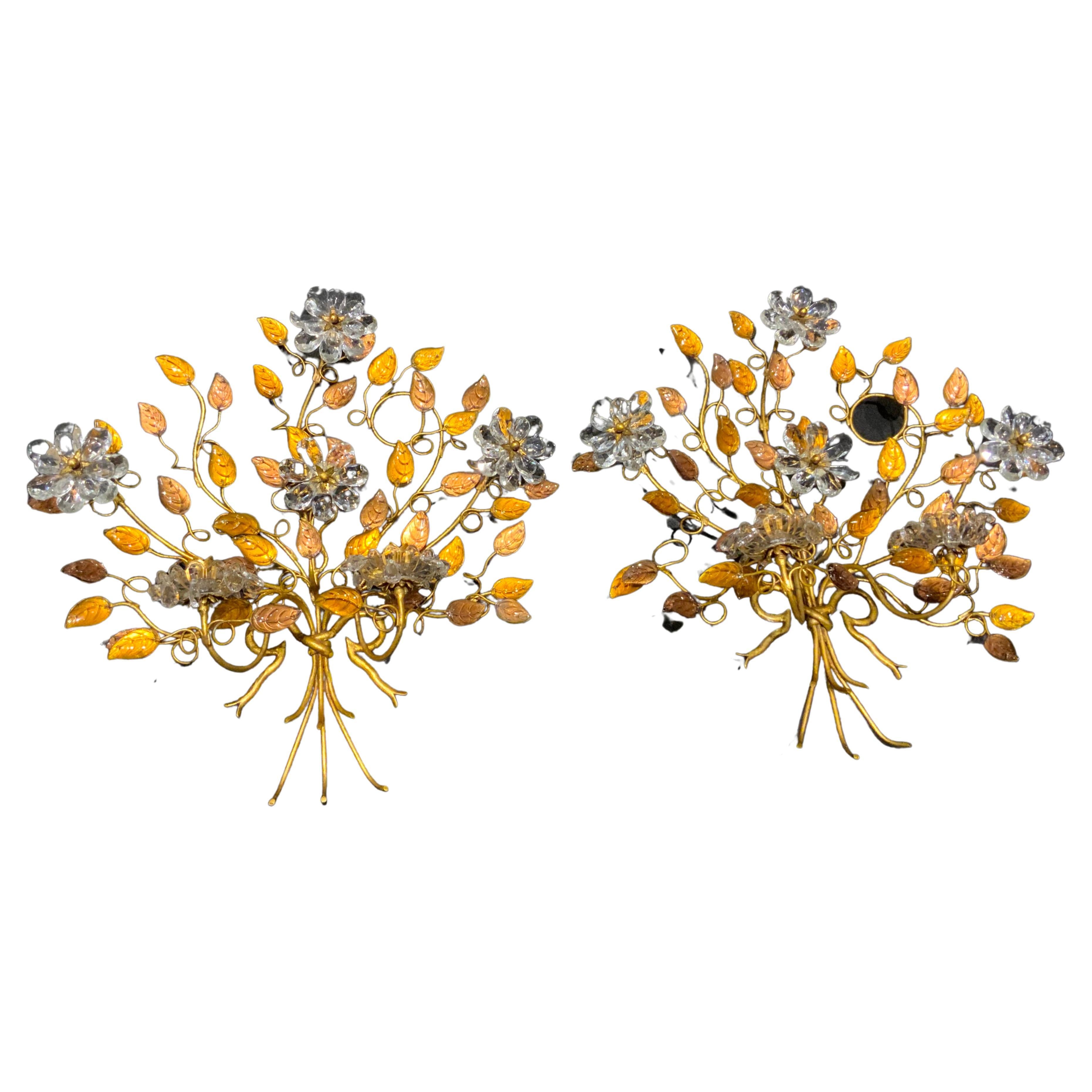 Pair of Bagues Wall Sconces, Two Candle with Gold Hue and Clear Foliate Designs For Sale