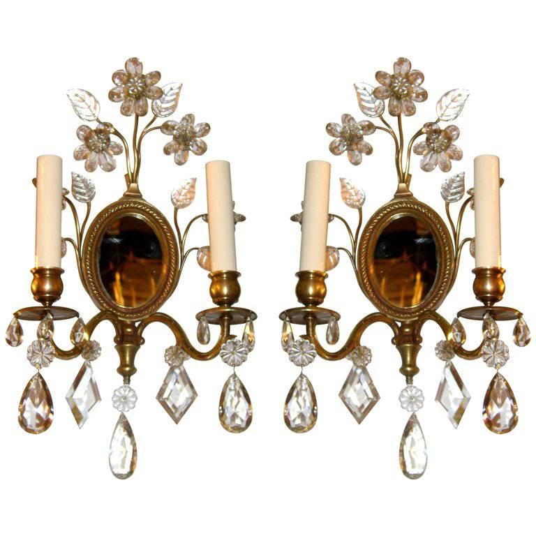 Pair of Bronze Sconces with Mirror Inset For Sale