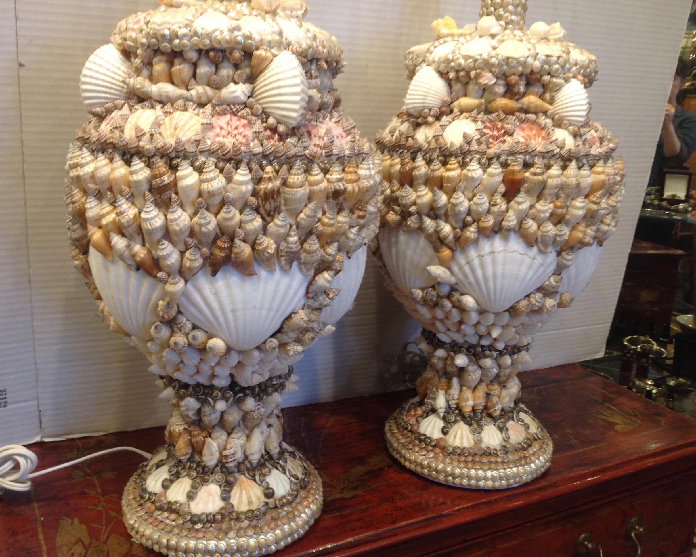 Hand-Crafted Pair of Bahamian Shell Motif Lamps