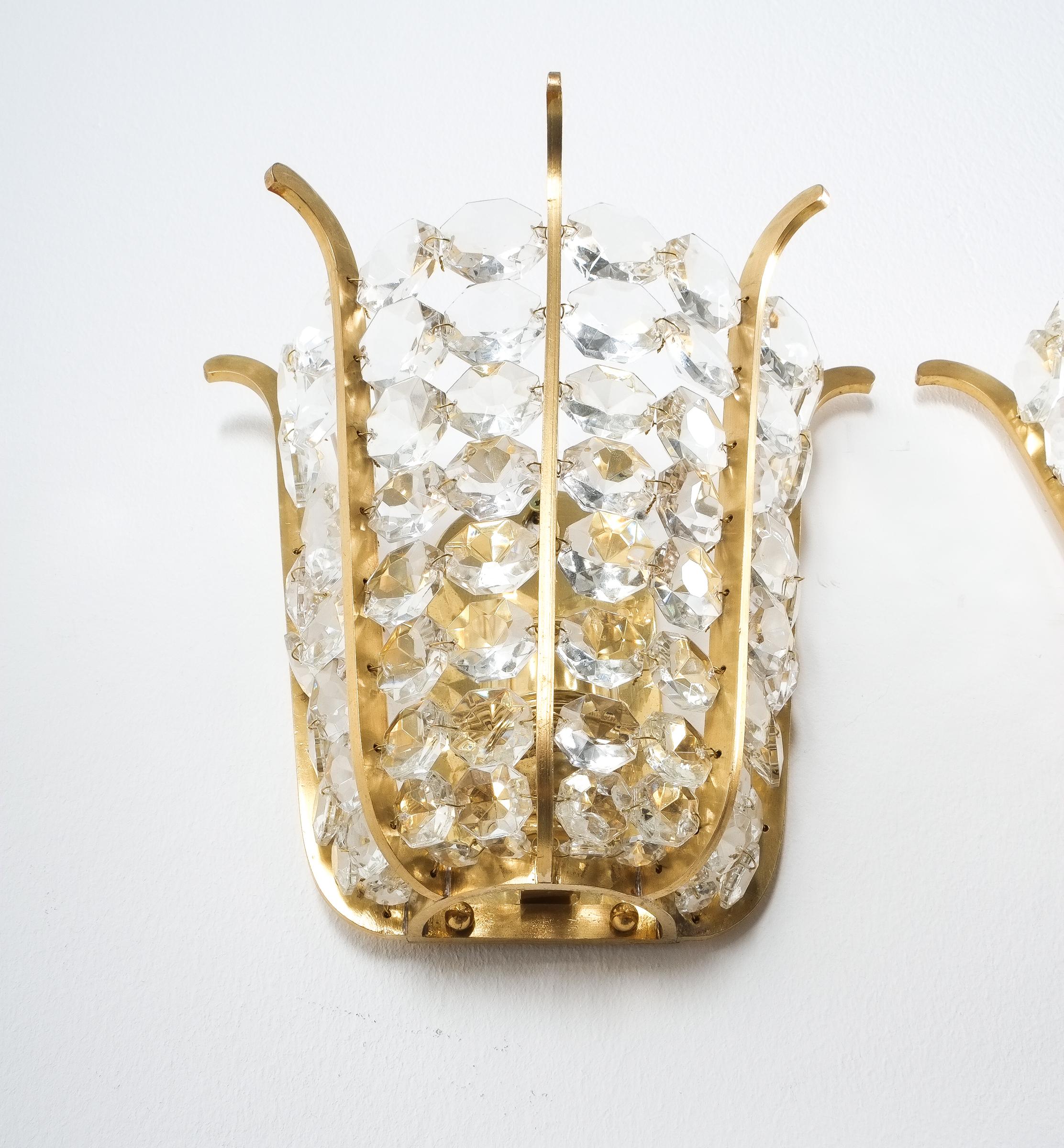 Cut Glass Multiple Bakalowits Crown Sconces (4) Brass and Glass, Austria 1950 For Sale