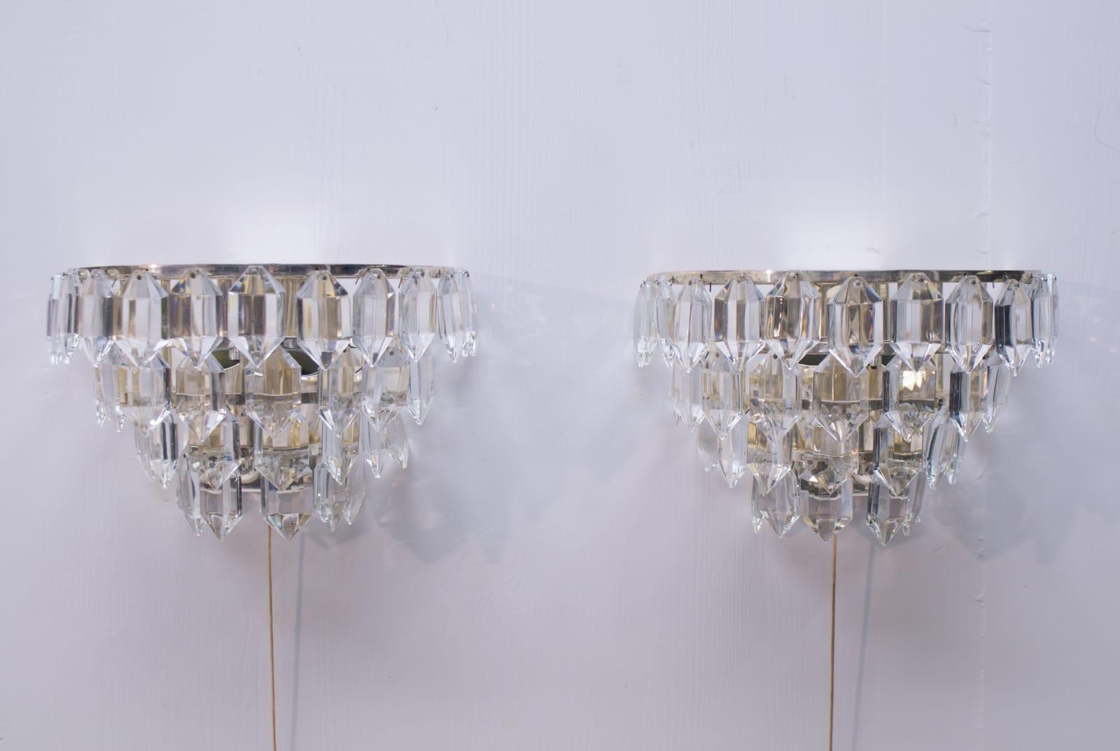 Regency Pair of Bakalowits Nickel Plated Crystal Chandelier Glass Wall Light, 1960s For Sale