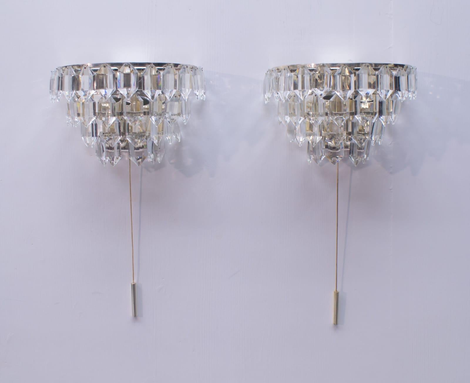 Austrian Pair of Bakalowits Nickel Plated Crystal Chandelier Glass Wall Light, 1960s For Sale
