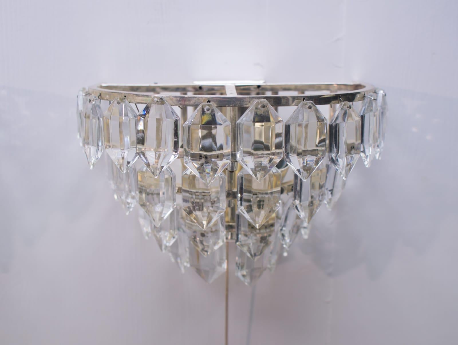 Late 20th Century Pair of Bakalowits Nickel Plated Crystal Chandelier Glass Wall Light, 1960s For Sale