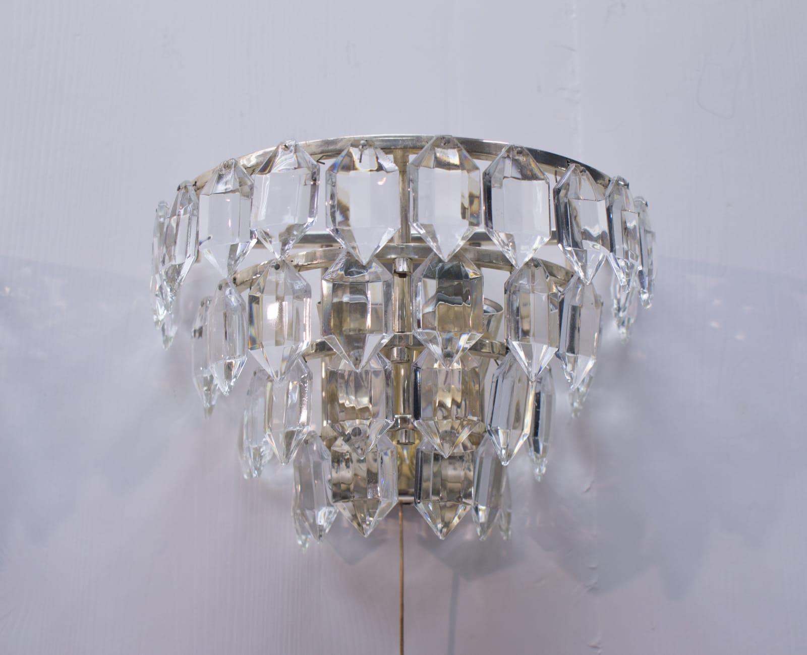 Pair of Bakalowits Nickel Plated Crystal Chandelier Glass Wall Light, 1960s For Sale 1